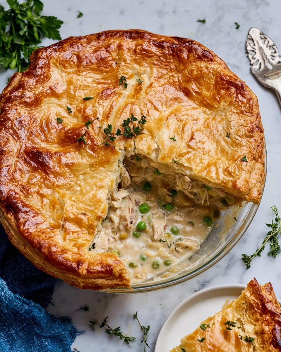 A golden brown chicken pot pie with a flaky crust sits on a clear glass pie dish over a white marbled surface. One large slice is missing, revealing the creamy, light beige filling inside with green peas and small pieces of chicken. The top crust is shiny with a few small vent slits in the center, and some fresh green herb sprigs rest on and beside the pie. A white plate holds the removed slice, showing the thick, smooth filling spilling slightly over the edge. A silver pie server and a blue cloth napkin lie nearby. Photo taken with an iphone --ar 4:5 --v 7
