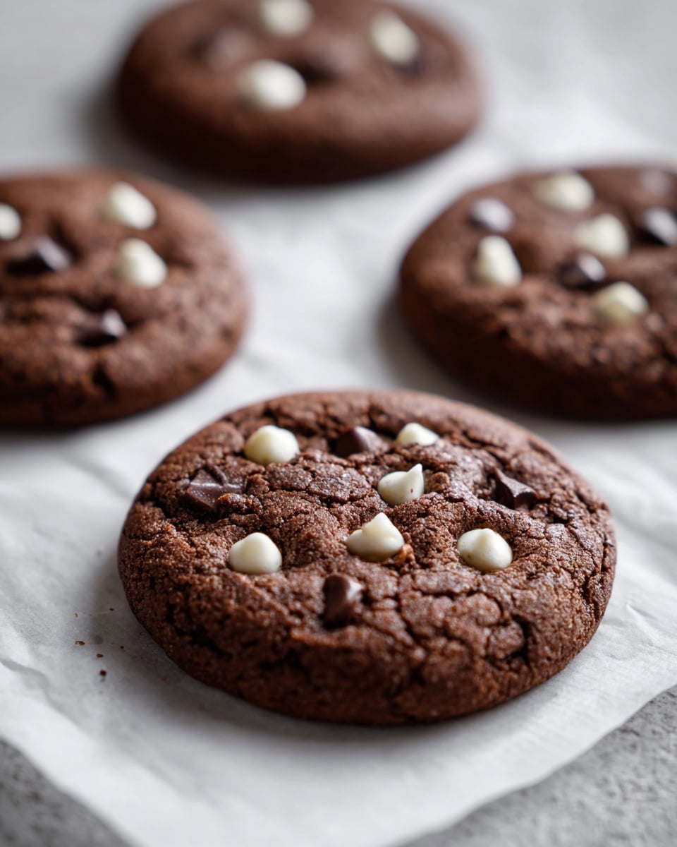 The image shows a white baking tray covered with white parchment paper, holding six chocolate chip cookies spread evenly. Each cookie is round and thick with a rough textured, light brown surface. The cookies have white chocolate chips and large dark chocolate chunks scattered on top, some partly melted into the cookies. The background below the tray is a white marbled texture with a hint of teal showing at the bottom. The photo taken with an iphone --ar 4:5 --v 7