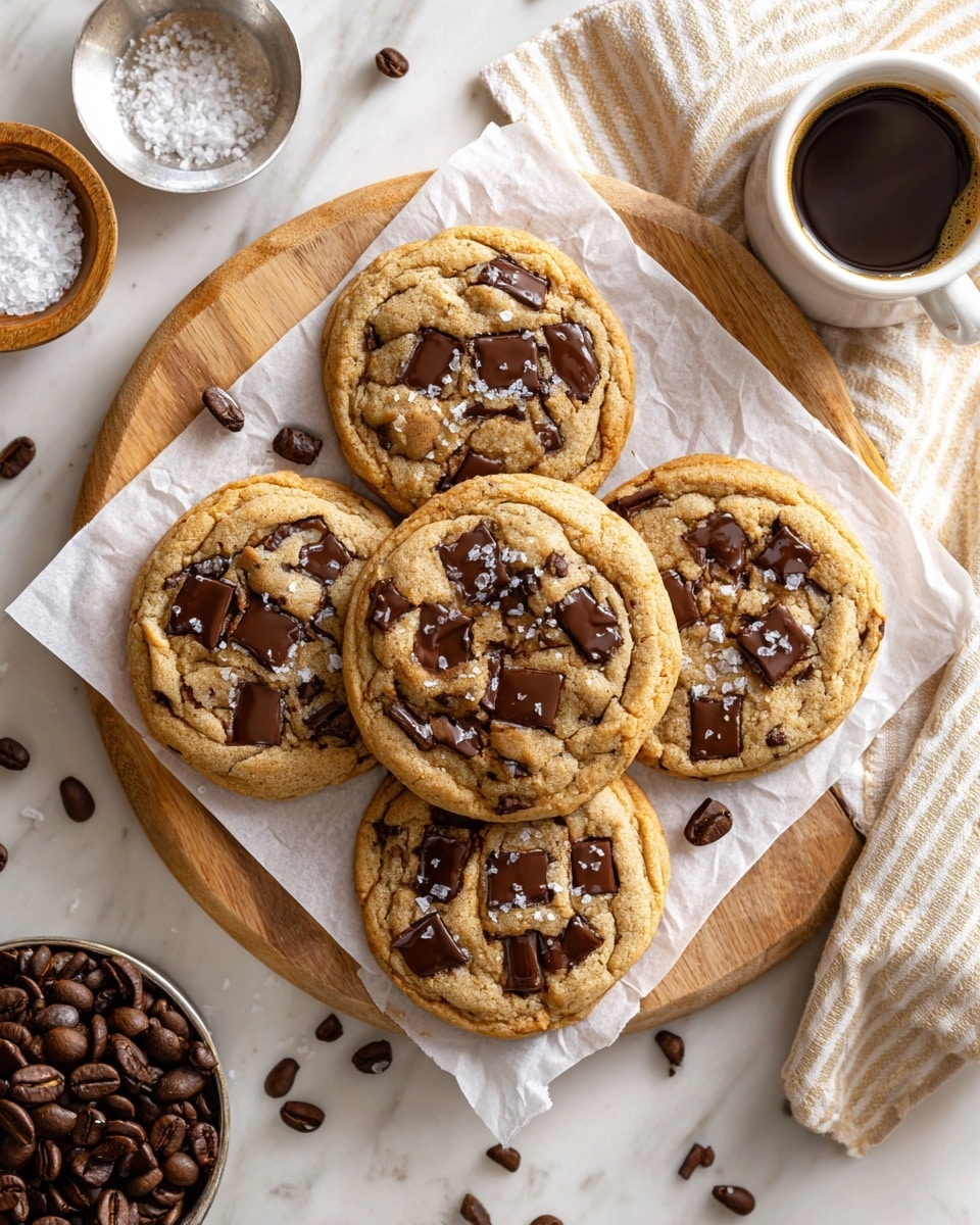 The image shows five soft, round cookies placed on a piece of white parchment paper on a wooden board. The cookies are golden brown with darker, gooey patches of melted chocolate swirled on the surface. Each cookie is sprinkled with small flaky salt crystals that add texture and slight shine. The cookies have light cracks and a chewy texture with small crumbs scattered around. In the background, there is a white marbled textured surface with a striped cloth and a bowl of dark roasted coffee beans. Photo taken with an iphone --ar 4:5 --v 7