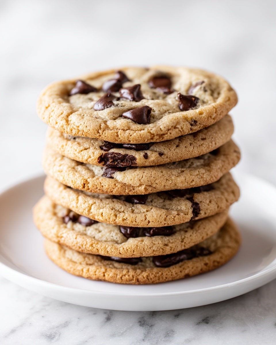 A row of five chocolate chip cookies is neatly stacked on a white rectangular plate, set on a white marbled surface. Each cookie is golden brown with a soft texture, slightly cracked tops, and generously dotted with large, dark chocolate chips that melt into the dough. The cookies overlap evenly, creating a sense of depth and warm, homemade comfort. Photo taken with an iphone --ar 4:5 --v 7