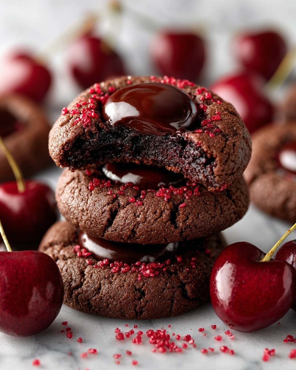 The image shows a close-up of several dark chocolate cookies arranged closely together on a white marbled surface, each cookie having a shiny, smooth chocolate filling in the center topped with small red crumbs. In the middle, there is a stack of two cookies, with the top cookie featuring a bite taken out, revealing a thick, gooey chocolate filling. Around the cookies, deep red cherries with stems add vibrant color and contrast. The cookies have a rough texture on the edges, with the glossy center creating a rich and indulgent look. photo taken with an iphone --ar 4:5 --v 7