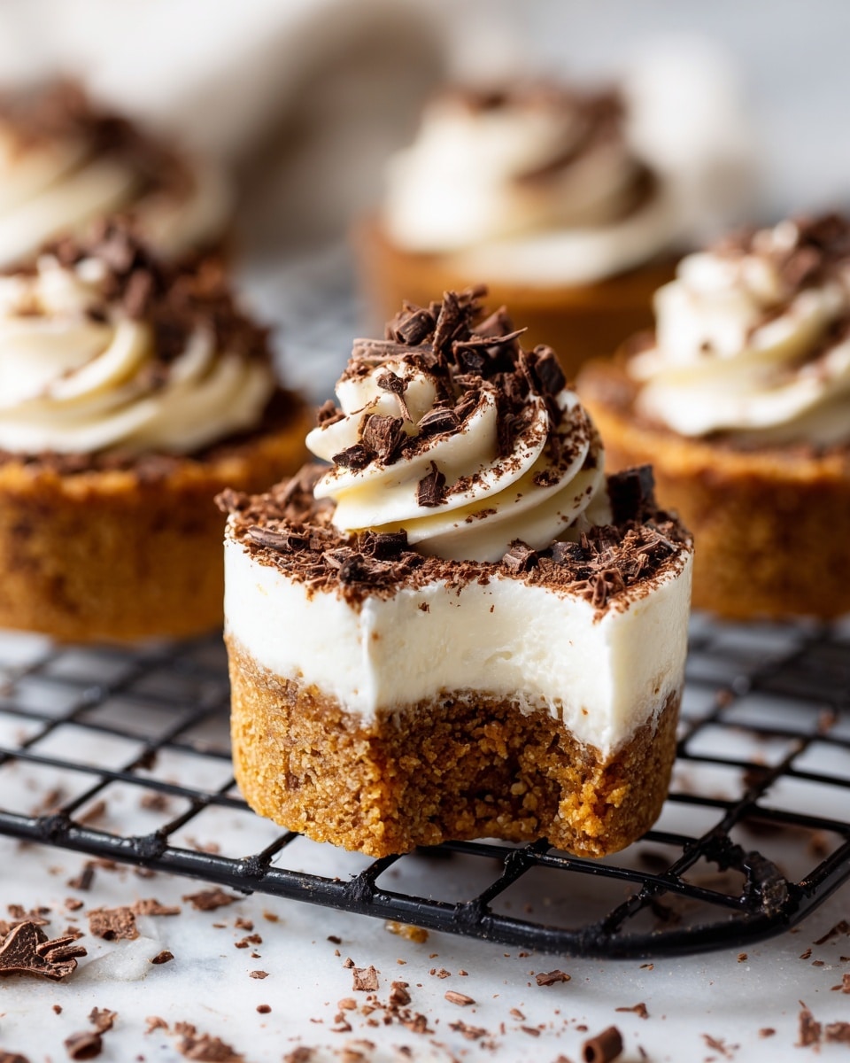 A small round cookie sits on a black cooling rack over a white marbled surface, with a bite taken out from its lower left side revealing a soft, crumbly, light brown inside. The cookie has two layers: a thick, smooth, brown base with a light dusting of cocoa powder around it on the surface, topped with a thick white cream layer swirled in a spiral pattern and sprinkled with small, dark brown chocolate shavings scattered on top. In the background, slightly blurred, are more cookies with the same layers and toppings. Photo taken with an iphone --ar 4:5 --v 7