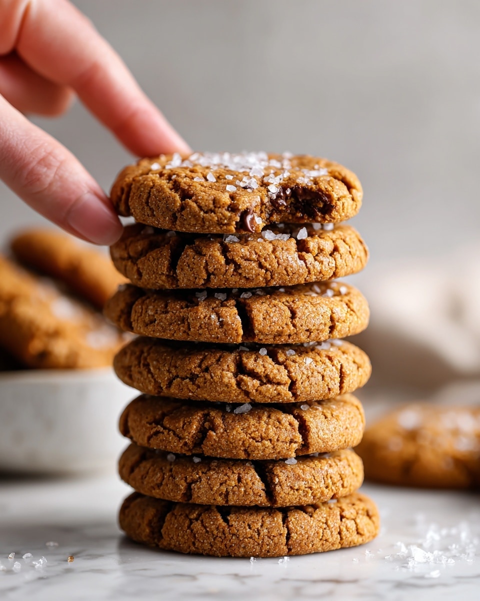 The image shows a tall stack of six round cookies with a cracked surface texture, light brown color, and some sugar crystals sprinkled on top. The cookies are thick and look soft and chewy. Next to the stack, there is a white cloth partially visible with some dark brown chocolate chips scattered nearby. The background surface is white with a marbled texture, giving a clean and bright look to the scene. Photo taken with an iphone --ar 4:5 --v 7