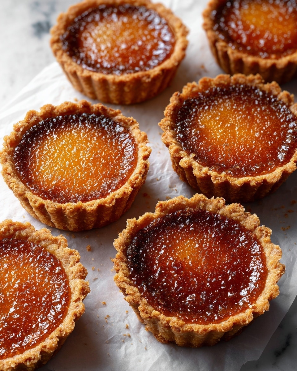The image shows six small round tarts with a golden brown crust and a slightly cracked surface. Each tart has a smooth, darker brown filling that looks creamy and firm, sitting inside the thick crust which forms a raised edge around the topping. The tarts are placed closely together on a white marbled surface, with visible texture on the crust edges and surface cracks giving a rustic feel. The lighting highlights the glossy shine on the filling and the roughness of the crust photo taken with an iphone --ar 4:5 --v 7