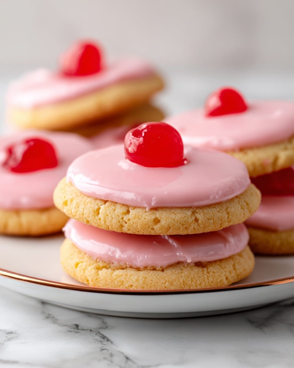 A close-up view shows multiple round cookies stacked on a white plate with a brown rim. Each cookie has a crumbly, pale golden base as the first layer, topped with a smooth pink icing layer that slightly drips over the edges. Centered on the pink icing is a shiny, bright red cherry, adding a glossy texture and a pop of color. The cookies are arranged in a small pile with a few in focus in the foreground and more softly blurred in the background, all sitting on a white marbled surface. photo taken with an iphone --ar 4:5 --v 7