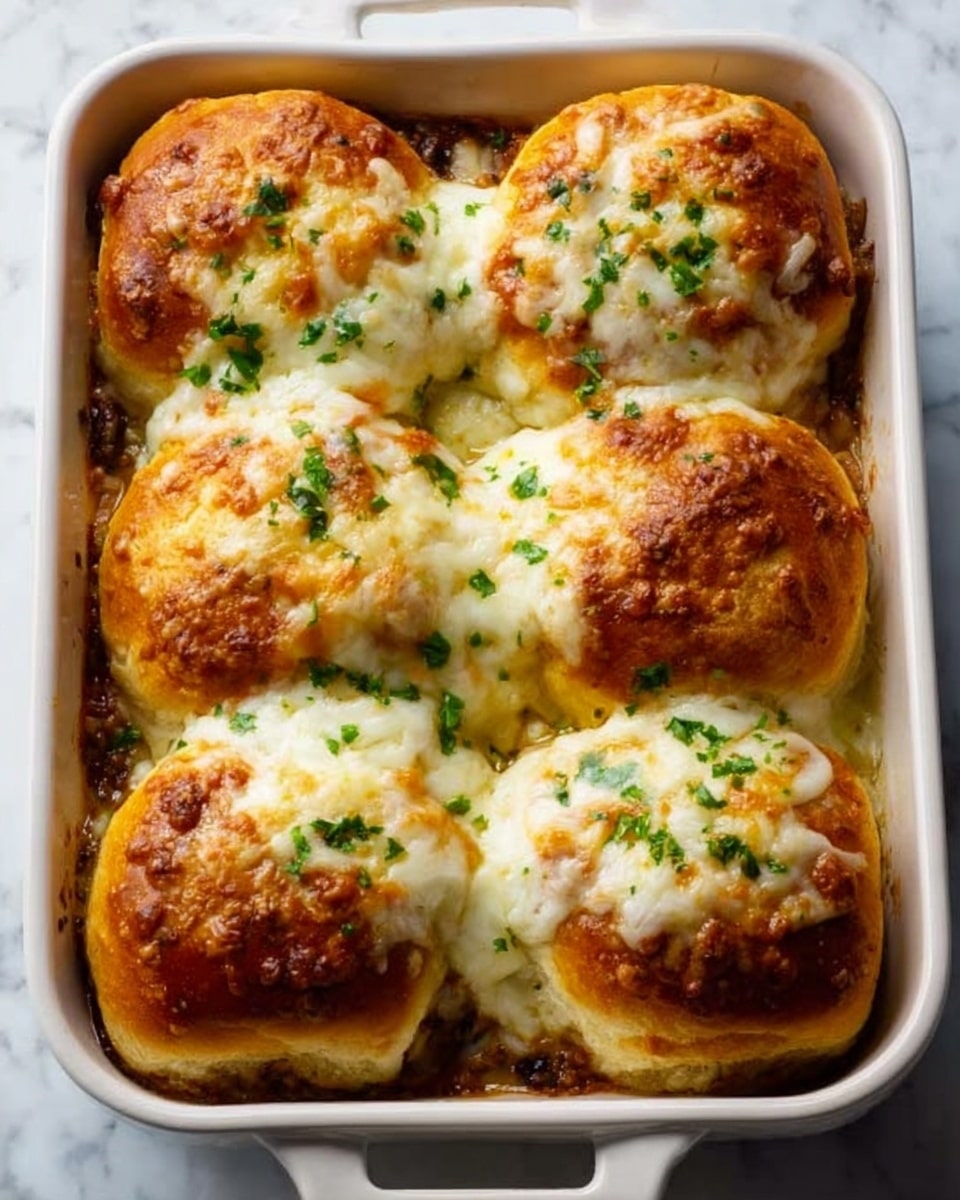 A white rectangular baking dish holds six golden brown baked rolls arranged in two rows of three. Each roll is topped with a layer of melted white cheese that has lightly browned spots and small chopped green herbs scattered on top. The rolls are round and have a fluffy texture with some cracks showing the filling inside. The dish is placed on a white marbled surface. photo taken with an iphone --ar 4:5 --v 7