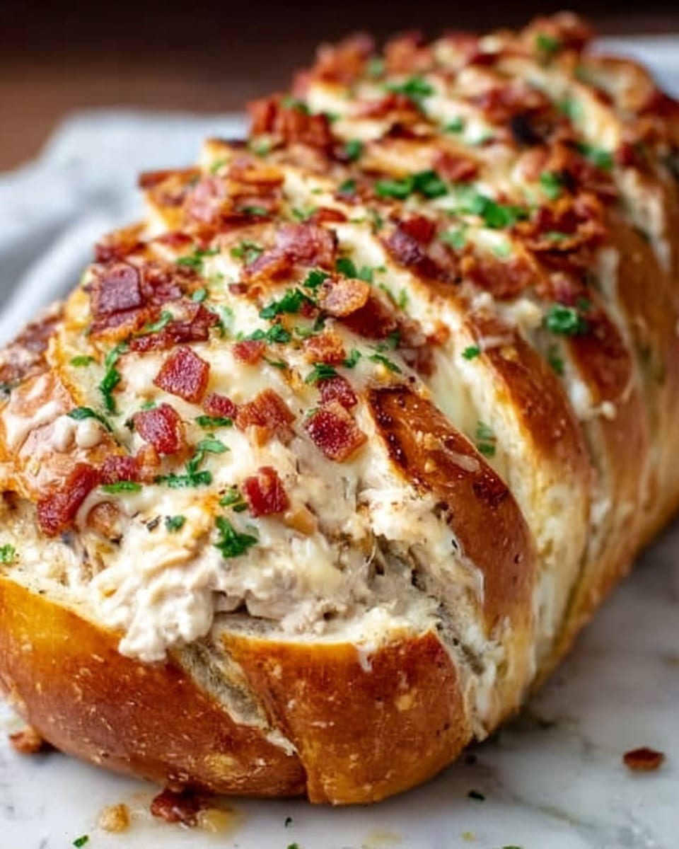A close-up view of a thick loaf of bread filled with a creamy white spread mixed with small pieces of chicken and topped with melted golden cheese that is slightly browned on the edges. Small pieces of crispy bacon and chopped green herbs are scattered on top, adding color and texture. The bread has a shiny, golden crust with deep cuts that hold the filling. The loaf rests on a wooden board placed on a white marbled surface. Photo taken with an iphone --ar 4:5 --v 7