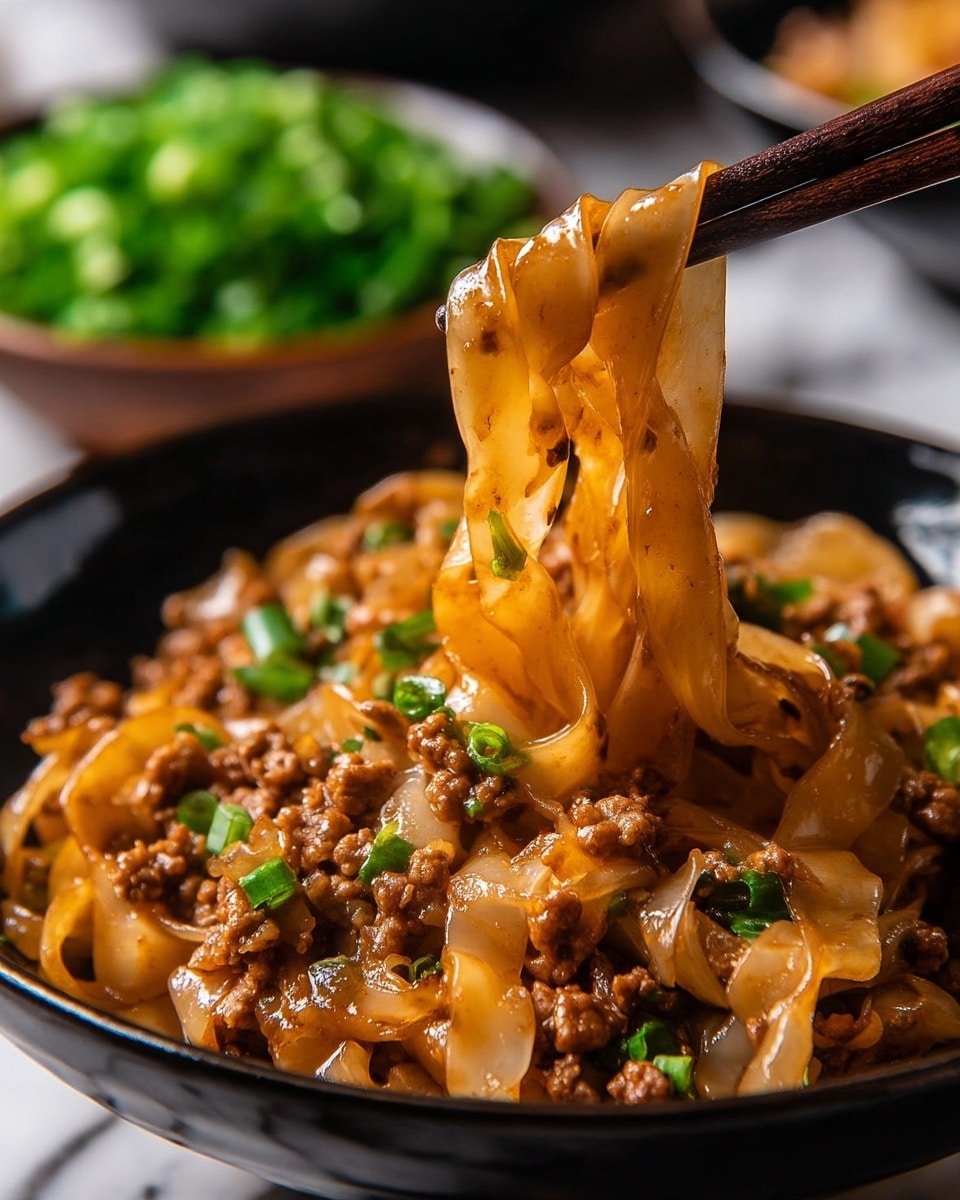 The image shows a close-up of a bowl of broad, flat noodles covered in a glossy, brown sauce mixed with small pieces of cooked ground meat. The noodles are layered thick and shiny, with some lifted by chopsticks, showing their soft and slightly curled texture. Scattered throughout the noodles are small green onion pieces, adding a fresh touch of green color. The bowl is white and sits on a white marbled surface. In the blurry background, a bowl with chopped green onions can be seen. The photo taken with an iphone --ar 4:5 --v 7