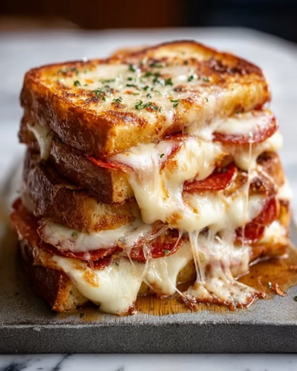 A close-up of a sandwich with three thick layers of golden toasted bread, filled with melted mozzarella cheese that is stretchy and gooey, bright red tomato sauce, and slices of pepperoni. The top slice of bread is crispy and slightly browned with some green herbs sprinkled on it. The sandwich rests on a wooden board, with melted cheese oozing out from the sides. The background is a white marbled texture. Photo taken with an iphone --ar 4:5 --v 7