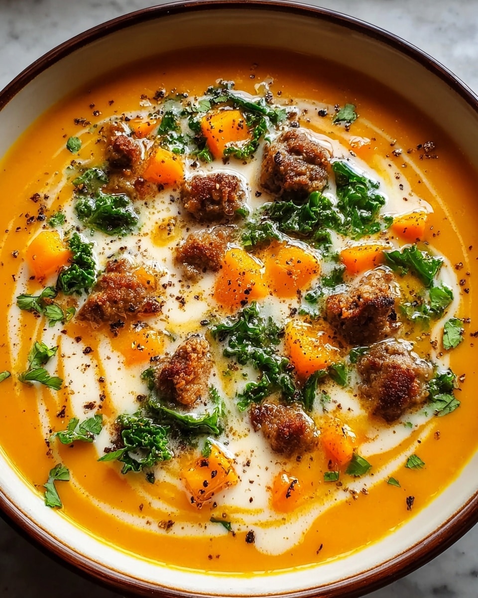 A white bowl is filled with a thick orange soup as the base layer. On top, there is a light cream sauce spread unevenly across the surface. Scattered over this are small brown sausage pieces, chunks of orange vegetables, and fresh green herb leaves. Black pepper specks are sprinkled all over, adding texture and contrast. Some steam rises from the hot soup, showing it is freshly served. The bowl sits on a white marbled surface. Photo taken with an iphone --ar 4:5 --v 7