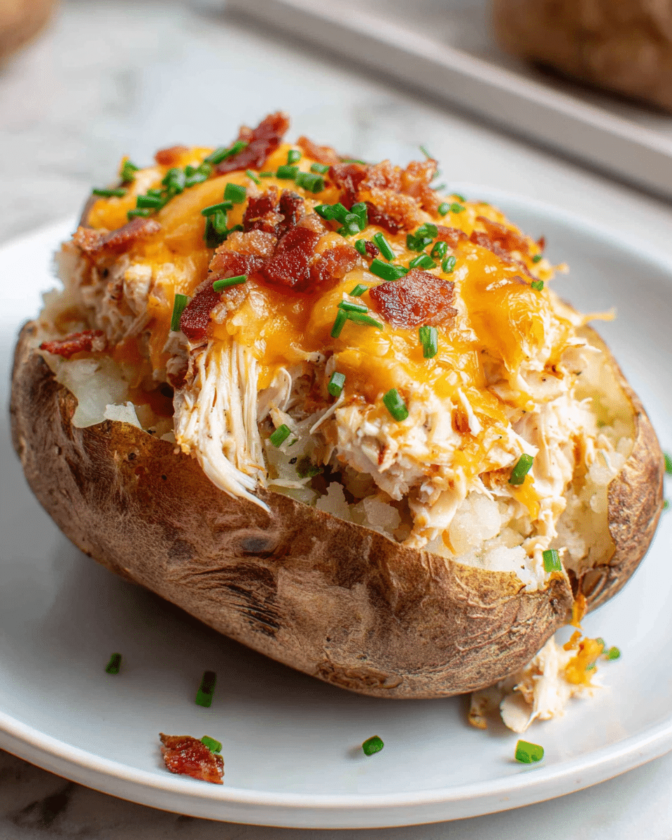 A baked potato with a rough, brown skin sits open on a white plate over a white marbled surface, filled with a layer of soft, fluffy potato inside, topped with white shredded chicken, melted orange cheddar cheese, small pieces of crispy bacon, and small green chive bits scattered on top, creating a rich and colorful layered look. photo taken with an iphone --ar 4:5 --v 7