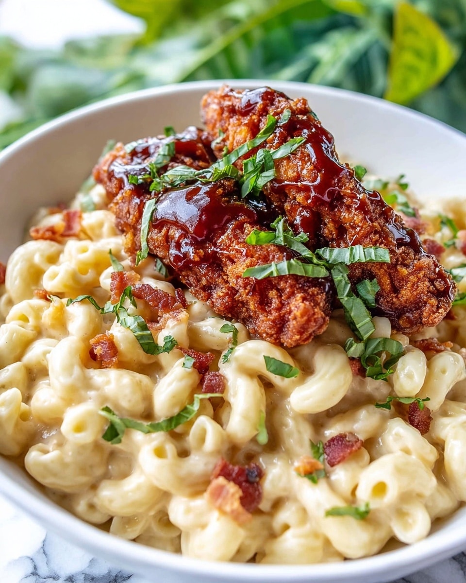 The image shows a white bowl filled with creamy macaroni and cheese at the bottom layer, which is pale yellow with a smooth texture and small pieces of crispy bacon and chopped green herbs sprinkled on top. Sitting on the macaroni are three golden-brown, crispy fried chicken strips coated in a shiny, dark reddish-brown sauce with a slightly sticky look. Some green herbs are garnished on the fried chicken, adding a fresh color contrast. The background features a white marbled surface with some blurred green leaves in the very back. photo taken with an iphone --ar 4:5 --v 7