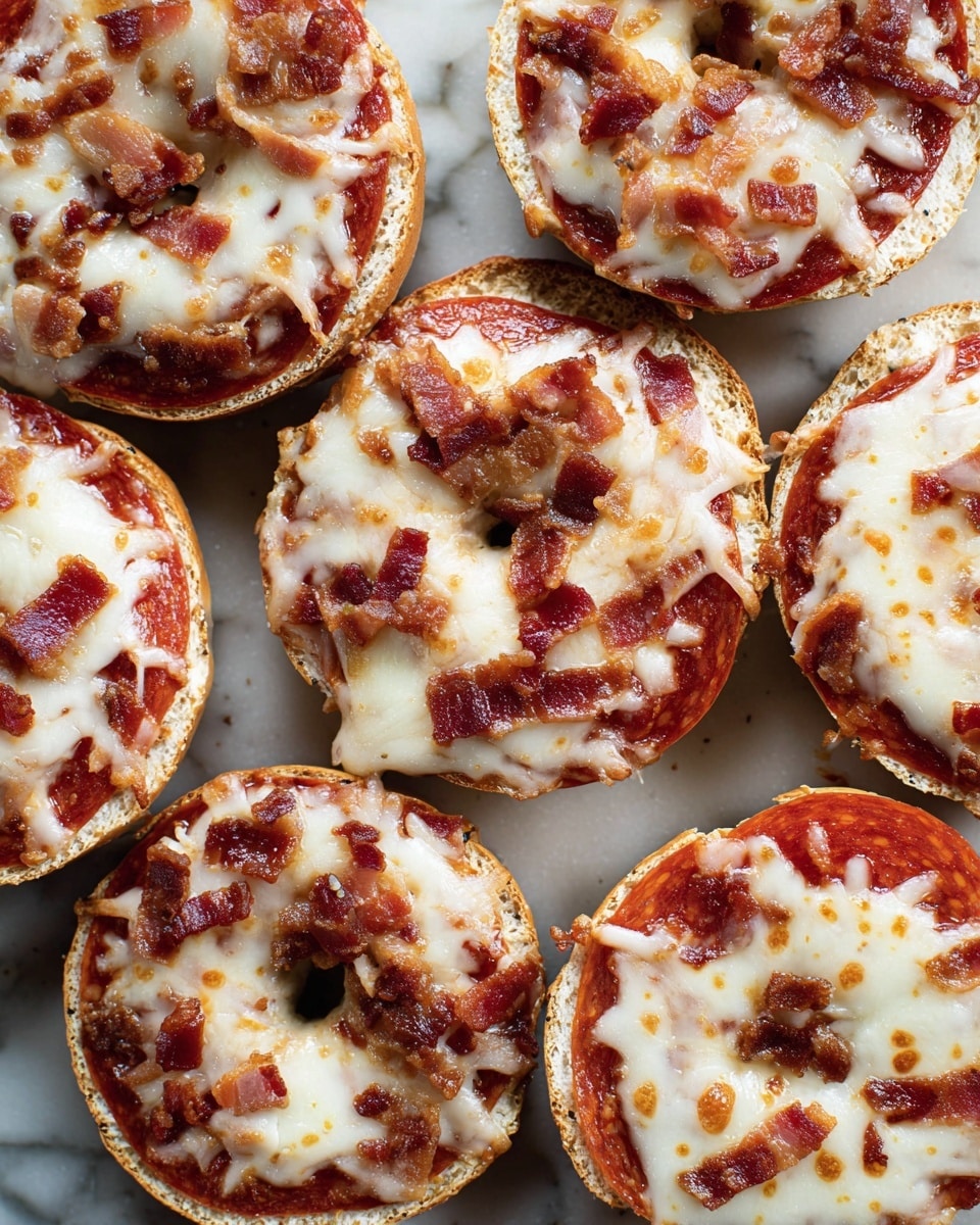 The image shows seven small bagel pizzas on a baking sheet, each with a base layer of a sliced bagel topped with a layer of red tomato sauce. Above the sauce, there is a layer of melted white cheese with an uneven texture, covering the bagel completely. On top of the cheese, slices of pepperoni and small bits of crispy brown bacon are scattered across each pizza. The cheese is slightly browned in spots, giving it a baked look, and the bagel edges are golden brown. The bagels are arranged close together, showing their round shape and hole in the middle. The photo is taken on a white marbled texture surface. photo taken with an iphone --ar 4:5 --v 7