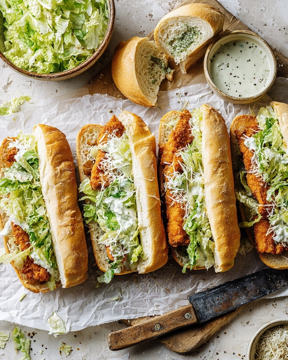 Four sandwiches are lined up on a light wooden board covered with parchment paper, each sandwich made with a toasted white baguette split open to show three layers: a bottom layer of green lettuce mixed with creamy white sauce, a middle layer of golden brown crispy fried fish fillet, and a top layer of more lettuce and sprinkled shredded cheese. On the left side, a rustic bowl filled with light green lettuce tossed in white dressing sits next to a knife with a light wooden handle. On the bottom right, a small rustic bowl contains a thick white creamy sauce with ground black pepper on top. The background features a white marbled surface. Photo taken with an iphone --ar 4:5 --v 7