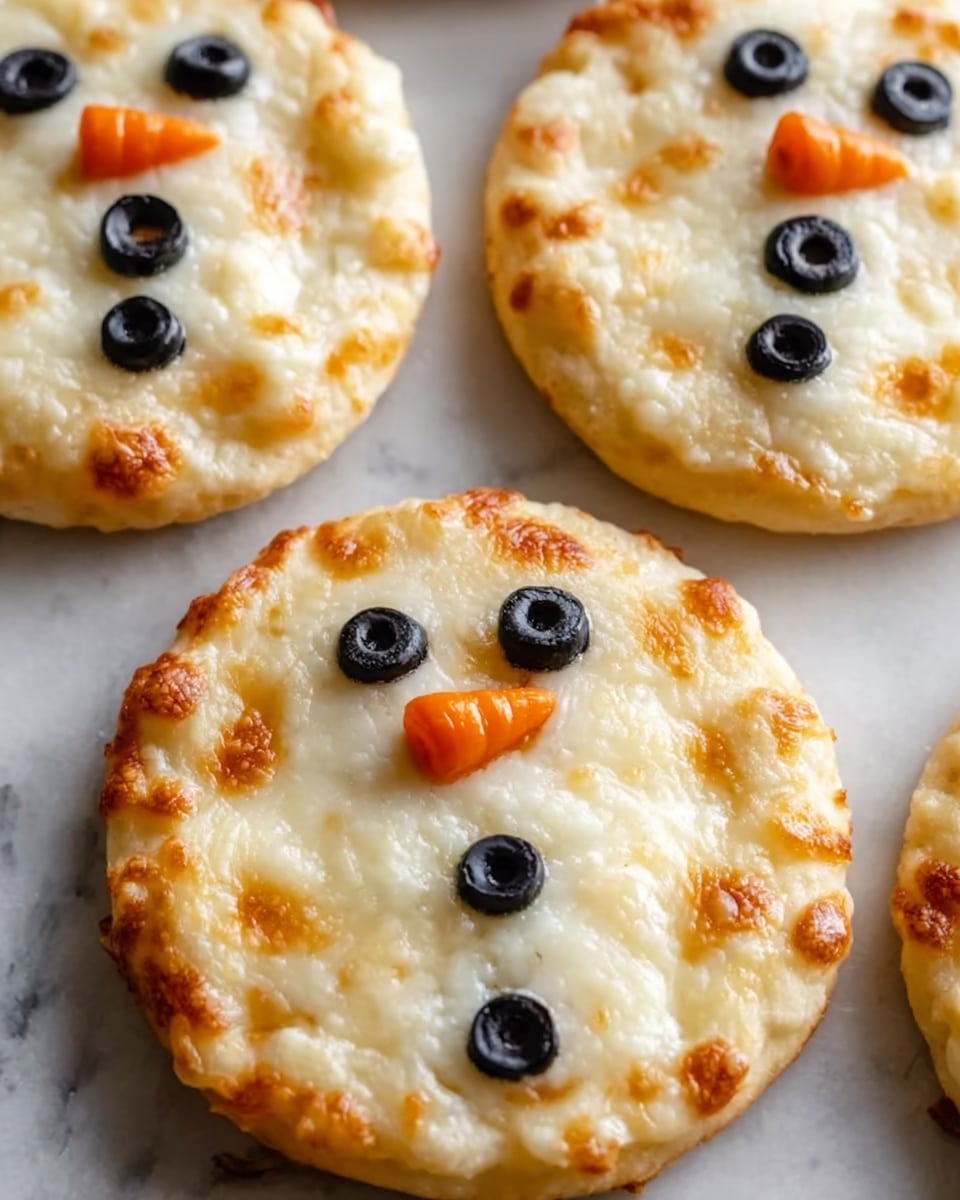 The image shows small snowman-shaped pizzas on white parchment paper over a white marbled surface. Each pizza has two round layers: a smaller circle on top for the head and a larger circle below for the body. The base is golden brown and crispy around the edges. Melted white cheese covers the surface smoothly with light brown spots from baking. The face of each snowman uses two small black olive slices for eyes and a small orange triangular carrot piece for the nose on the head layer. The body layer has three black olive slices arranged vertically as buttons. Photo taken with an iphone --ar 4:5 --v 7