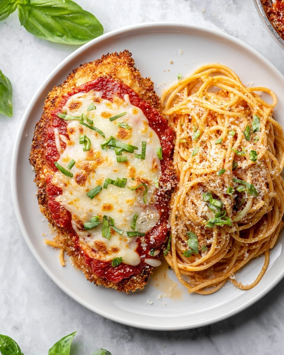 A white plate holds a serving of chicken parmesan and spaghetti. The chicken parmesan consists of a golden brown breaded chicken cutlet as the base layer, topped with a bright red tomato sauce layer, and finished with a thick layer of melted, bubbly white cheese scattered with fresh green basil pieces. Beside it, a pile of spaghetti noodles coated evenly in red tomato sauce is sprinkled lightly with grated cheese and small green basil pieces. The plate is set on a white marbled surface with a few green basil leaves around it. photo taken with an iphone --ar 4:5 --v 7