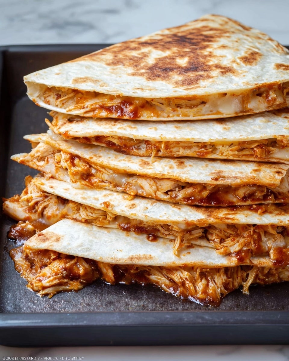 A stack of six folded quesadillas arranged closely on a black baking tray, each one showing a light golden-brown toasted tortilla with some darker spots. Inside, the filling consists of shredded chicken mixed with melted cheese and a reddish-orange sauce, visible slightly oozing out at the edges. The tortillas are thin and soft with a slightly crispy texture on the outside. The background is a white marbled surface. photo taken with an iphone --ar 4:5 --v 7