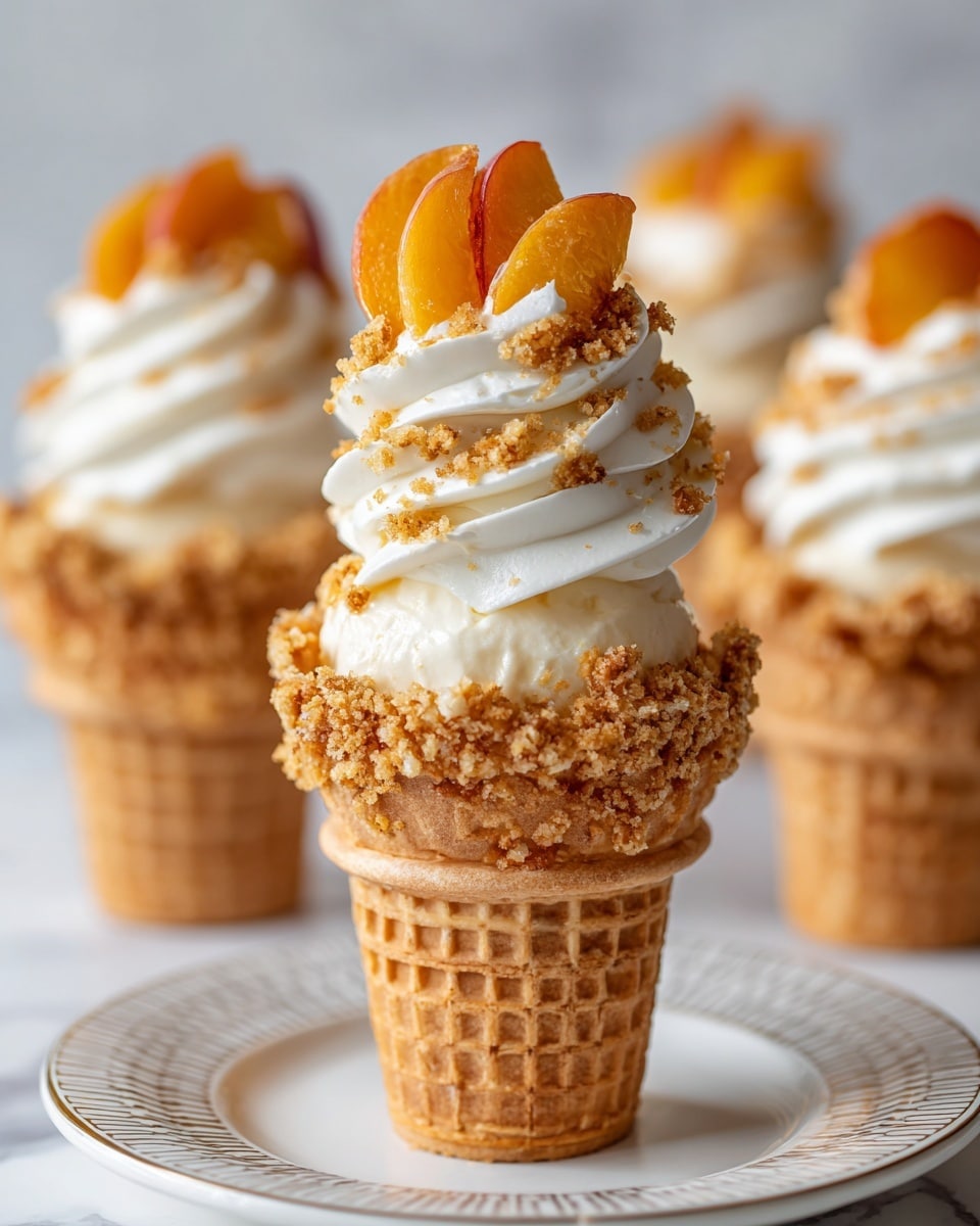 The image shows a close-up of a peach cobbler cheesecake cone on a white plate with a patterned rim, placed on a white marbled surface. The cone has a golden-brown waffle texture and is filled with a creamy layer of smooth cheesecake filling visible near the top. Above this is a swirl of white whipped cream, topped with several golden peach slices and sprinkled with crumbly, golden-brown streusel topping, adding texture and color contrast. In the background, more cones with the same layers sit out of focus, providing depth to the image. photo taken with an iphone --ar 4:5 --v 7