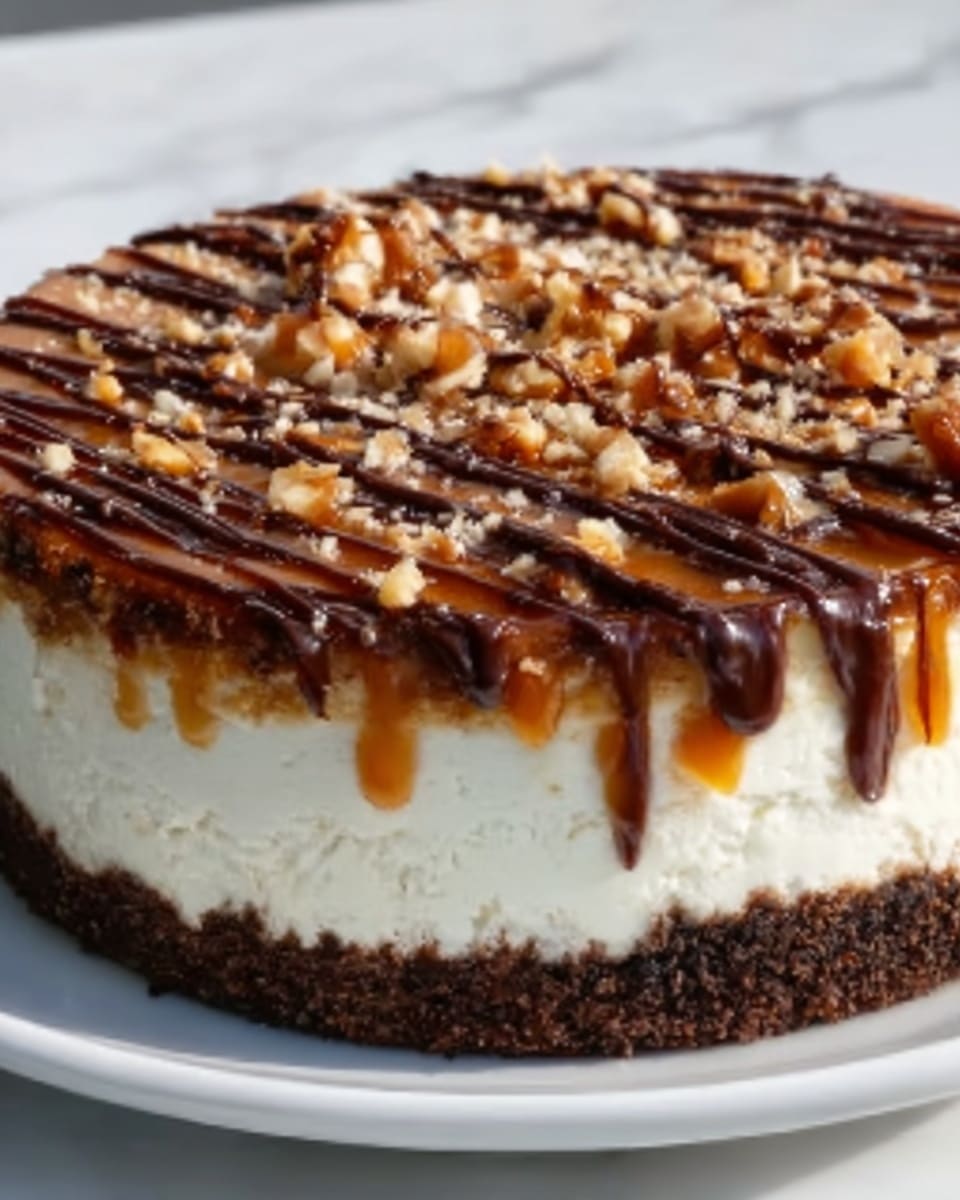 The image shows a round cheesecake with three clear layers on a white marbled surface. The bottom layer is made of dark chocolate cookie crumbs, rough in texture. The middle layer is thick, creamy white cheesecake filling, smooth and even. The top layer is golden caramel with small crunchy nut pieces on top. Dark chocolate sauce is drizzled over the caramel layer in uneven lines. The entire cake has a glossy, rich look. Photo taken with an iphone --ar 4:5 --v 7