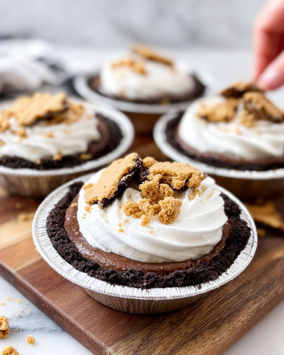 The image shows a close-up of small chocolate pies each in a shiny silver mini pie tin, placed on a wooden board over a white marbled surface. Each pie has a cracked dark brown chocolate top and is decorated with a thick ring of white whipped cream around the edge. Inside the whipped cream ring, there is a small mound of crushed light brown cookie pieces. In the background, more pies are visible along with a white bowl filled with extra cookies, all on the same white marbled surface. The scene is bright and clean, focusing on the rich textures of the pie, cream, and cookie crumbs. Photo taken with an iphone --ar 4:5 --v 7