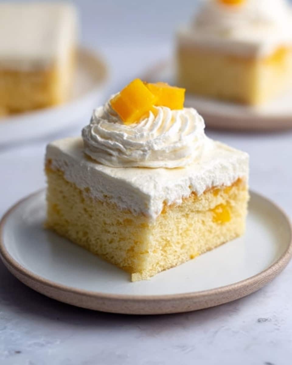 A square piece of cake sits on a white plate, on a white marbled surface. The cake has two layers: the bottom layer is a light yellow sponge with a soft, crumbly texture, and the top layer is smooth, creamy white frosting spread evenly. On top of the frosting is a swirl of white cream topped with a small, bright orange cube, possibly mango. A second plate with part of the cake is blurred in the background. Photo taken with an iphone --ar 4:5 --v 7