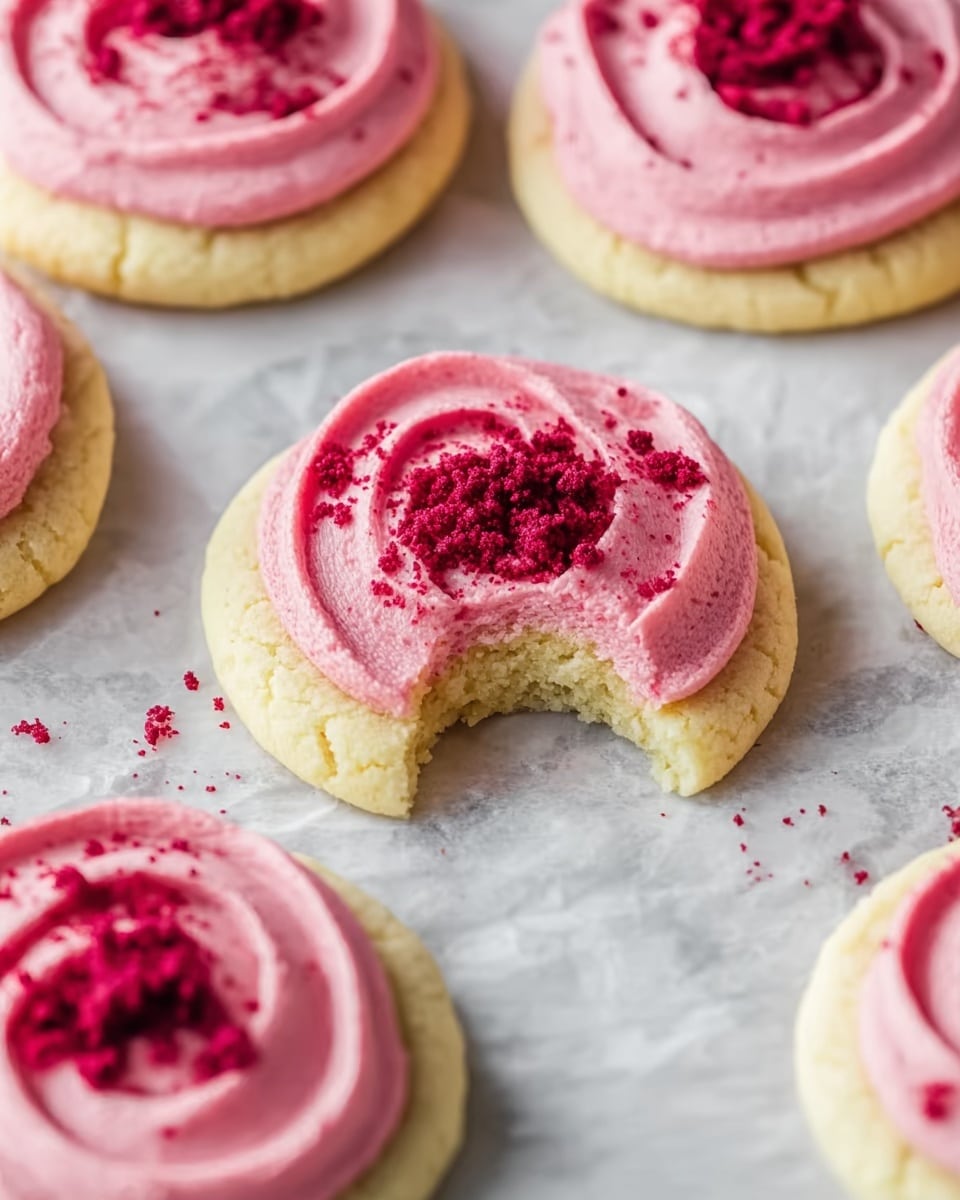 The image shows several round sugar cookies with one thick layer of very soft-looking pink frosting swirled on top. The frosting has a smooth, creamy texture with a rich rose color, and is sprinkled with a fine, darker red crumbly powder in the center that adds a rough texture contrast. One cookie in the middle has a bite taken out, revealing a pale yellow, slightly crumbly cookie base underneath the frosting. The cookies are placed on a crumpled sheet of white parchment paper that lies on a white marbled surface. photo taken with an iphone --ar 4:5 --v 7