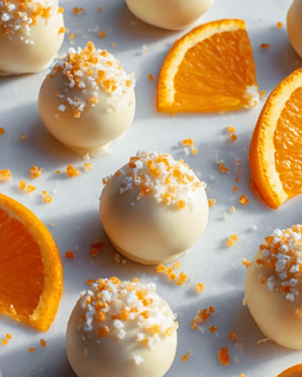 The image shows several round white chocolate truffles arranged on a white marbled surface. Each truffle is smooth and covered with small white and orange sprinkles on top. Around the truffles, there are slices of fresh orange with a bright orange color and textured peel, placed in a scattered pattern. The scene is soft and bright with a clean, fresh look. Photo taken with an iphone --ar 4:5 --v 7