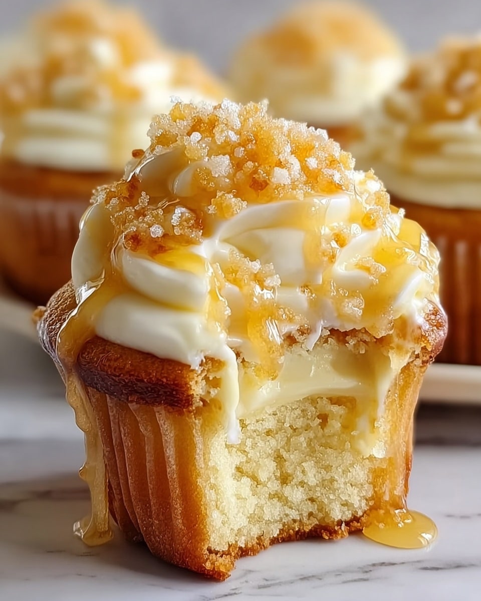 A close-up of a single vanilla cupcake with a bite taken out, showing a soft, moist crumb inside. The cupcake is topped with thick, creamy white frosting that slightly drips over the sides. On top, there is a drizzle of golden caramel sauce glistening in the light, along with small chunks of light brown crumbly topping. The cupcake sits on a smooth white marbled surface with a few crumbs scattered around. In the background, more similarly decorated cupcakes can be seen softly blurred. Photo taken with an iphone --ar 4:5 --v 7