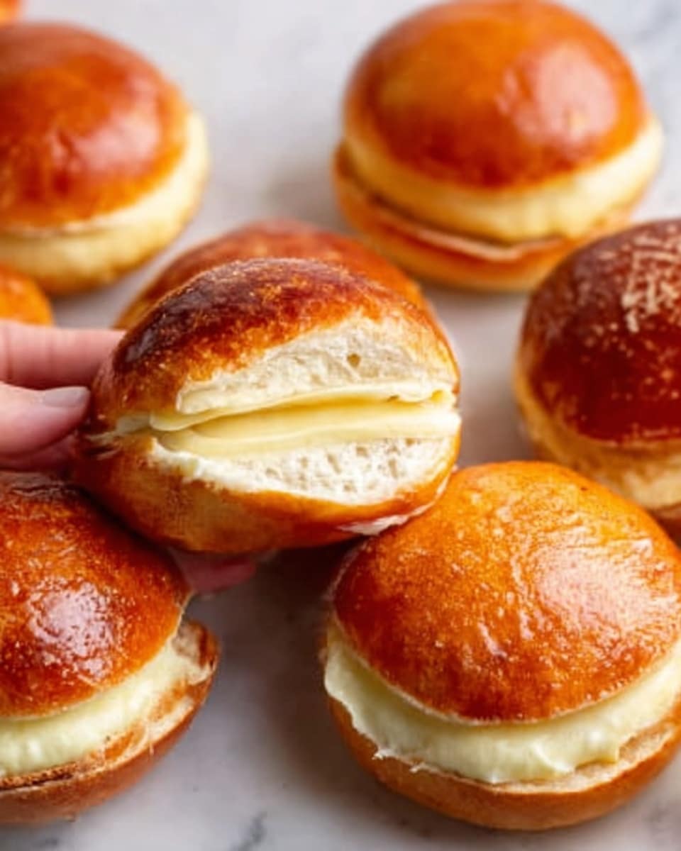 The image shows a close-up of small sandwiches with glossy, golden brown round bun tops, each split open to reveal a thick layer of creamy white spread inside. The buns have a shiny, smooth texture and the creamy layer looks soft and fluffy, filling the middle evenly. The sandwiches are placed on a white marbled surface, with some buns closed and some cut in half to clearly display the inside. The light reflects softly, highlighting the smoothness of the buns and cream. Photo taken with an iphone --ar 4:5 --v 7