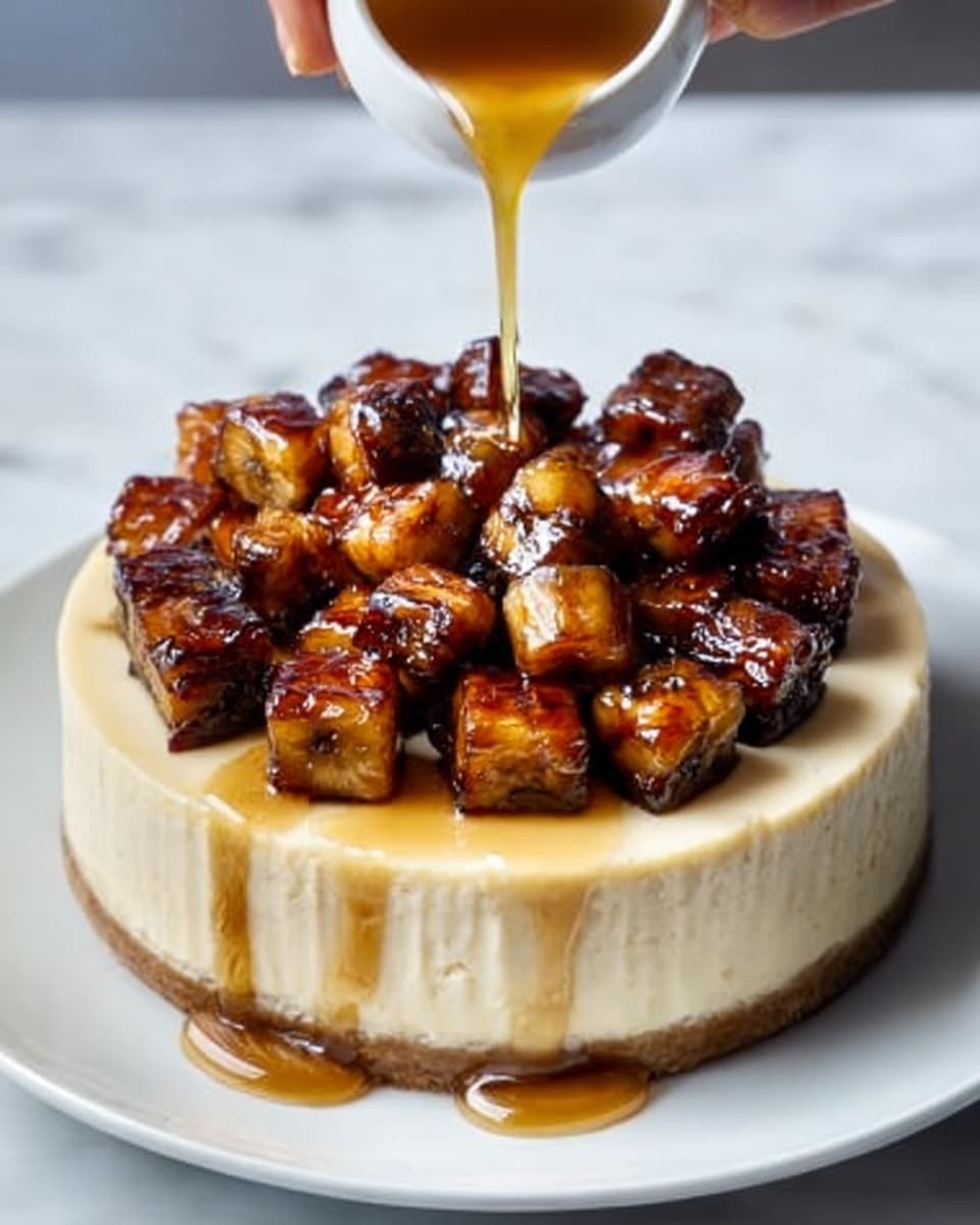A round cheesecake with smooth light cream color and a dark brown crust at the bottom sits on a white plate. On top, there are many small golden-brown caramelized banana pieces arranged closely. A woman's hand is pouring thick amber syrup over the bananas, some syrup dripping down the sides of the cake. The background is a white marbled texture. photo taken with an iphone --ar 4:5 --v 7