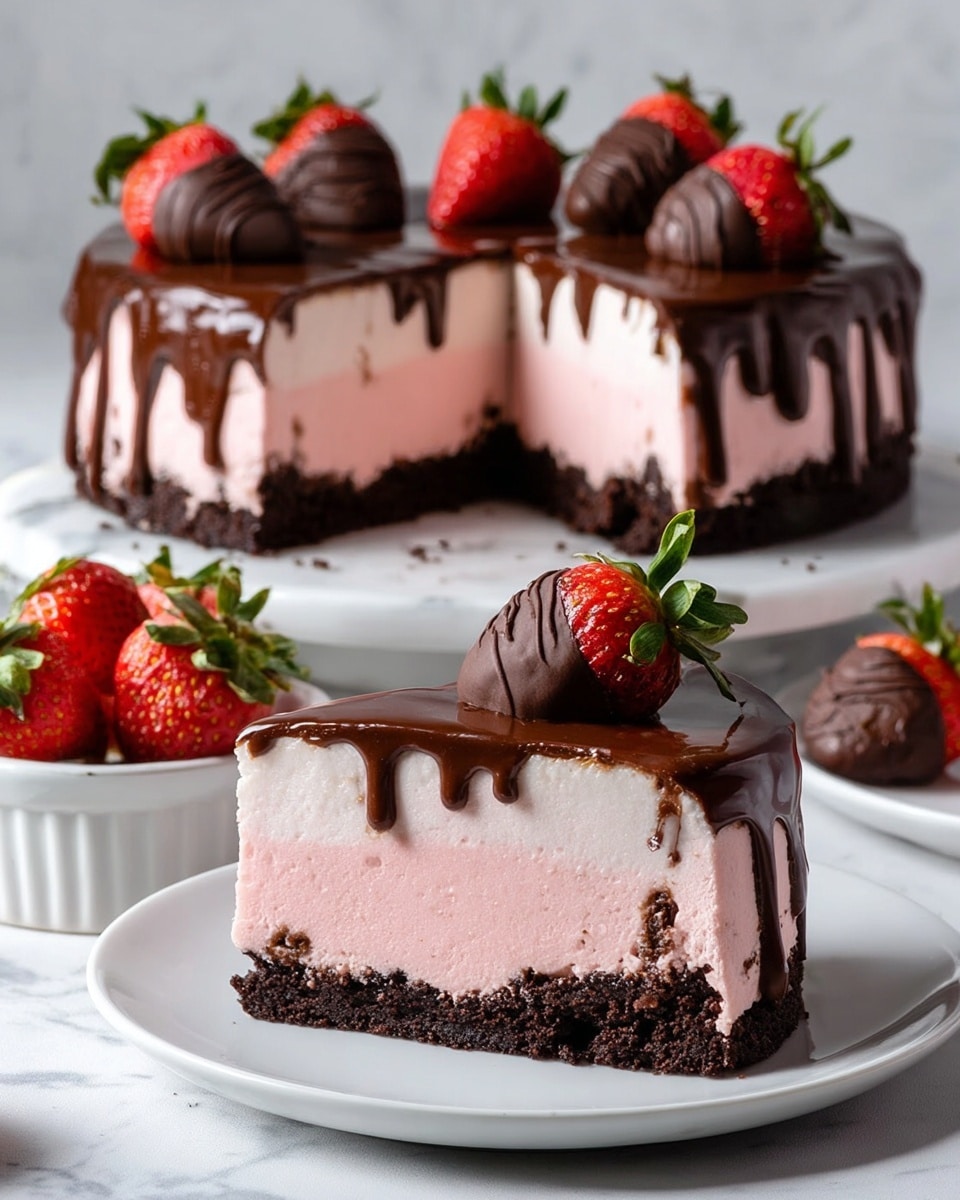 A three-layered cake is shown on a white plate, with one slice served separately on another white plate in front. The bottom layer is a dark brown, crumbly crust. The middle layer is thick, smooth, and pink, taking up most of the height. On top is a shiny dark chocolate layer that slightly drips down the sides. Fresh red strawberries with green leaves decorate the top chocolate layer and the slice on the plate. The background is a white marbled texture, and extra strawberries are scattered around. photo taken with an iphone --ar 4:5 --v 7