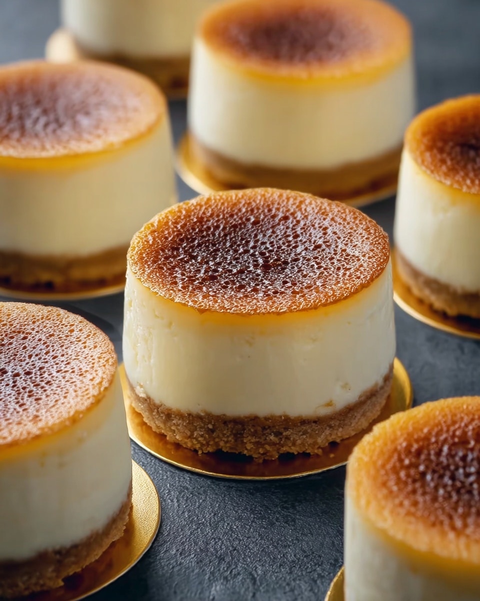 The image shows several small, round cheesecakes arranged closely on a dark, textured surface. Each cheesecake has three layers: a thin, crumbly brown crust at the bottom, a thick creamy white middle layer, and a light brown, slightly browned top layer with a soft, velvety texture. The cheesecakes sit on shiny gold bases, adding a touch of elegance. The overall look is smooth and soft with a gentle gradient from creamy white to warm brown on top. photo taken with an iphone --ar 4:5 --v 7