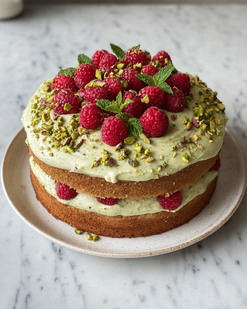 A two-layer cake sits on a round white plate over a white marbled surface. The brown sponge layers are thick and soft-looking. Between the layers is a creamy pale green frosting mixed with fresh red raspberries. The top layer is covered with more of the same green frosting, decorated with whole raspberries, small mint leaves, and finely chopped green pistachios scattered evenly. The cake looks fresh and colorful with a natural, rustic style. Photo taken with an iphone --ar 4:5 --v 7
