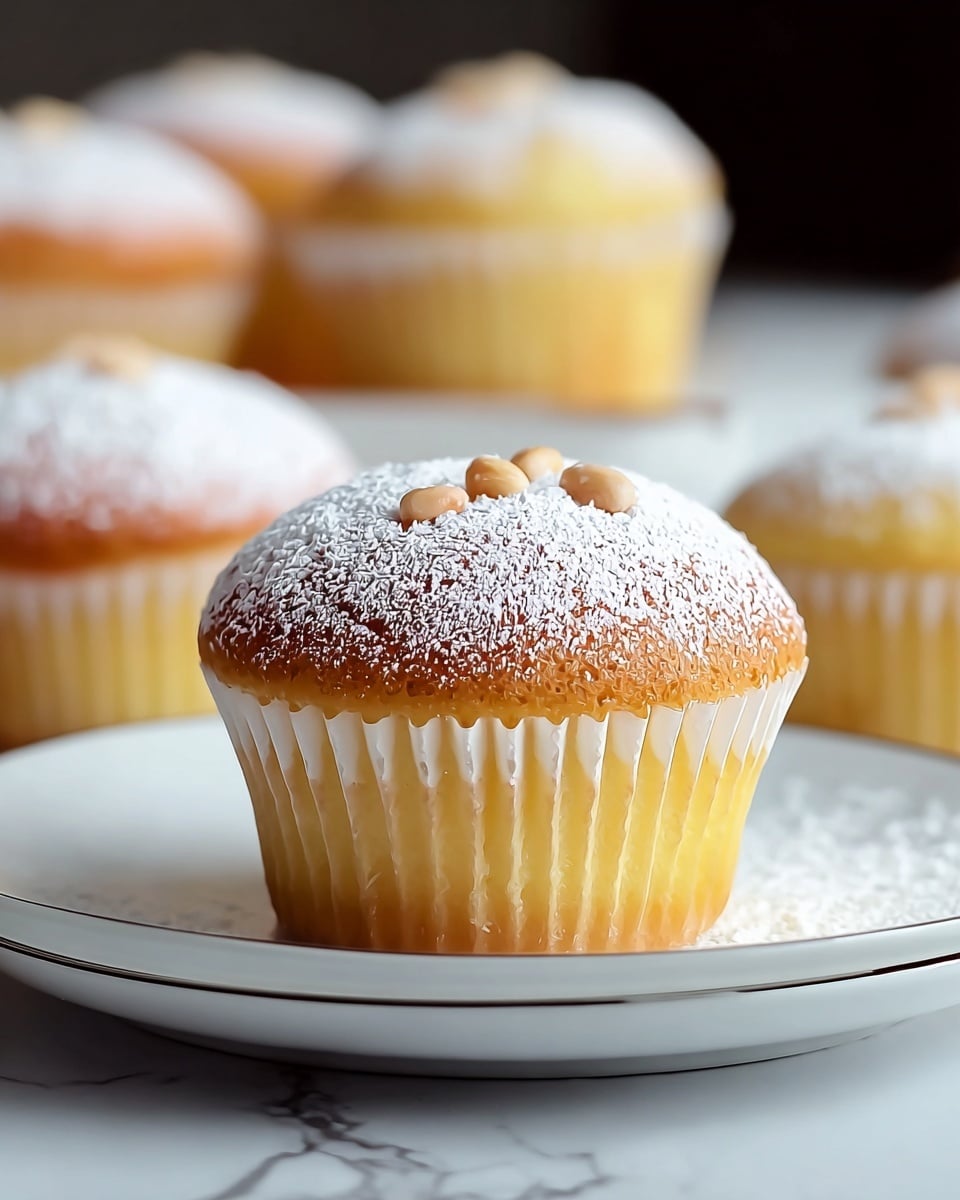 A close-up of a soft, round cupcake with a golden-brown top dusted with a light layer of white powdered sugar with two small brown coffee beans placed on the very top center, the cupcake sits in a white paper liner that fades from a light pinkish-brown at the base to nearly white at the top, it is placed on a simple white plate with a thin dark rim, with several more cupcakes blurred in the background on a white marbled surface. photo taken with an iphone --ar 4:5 --v 7