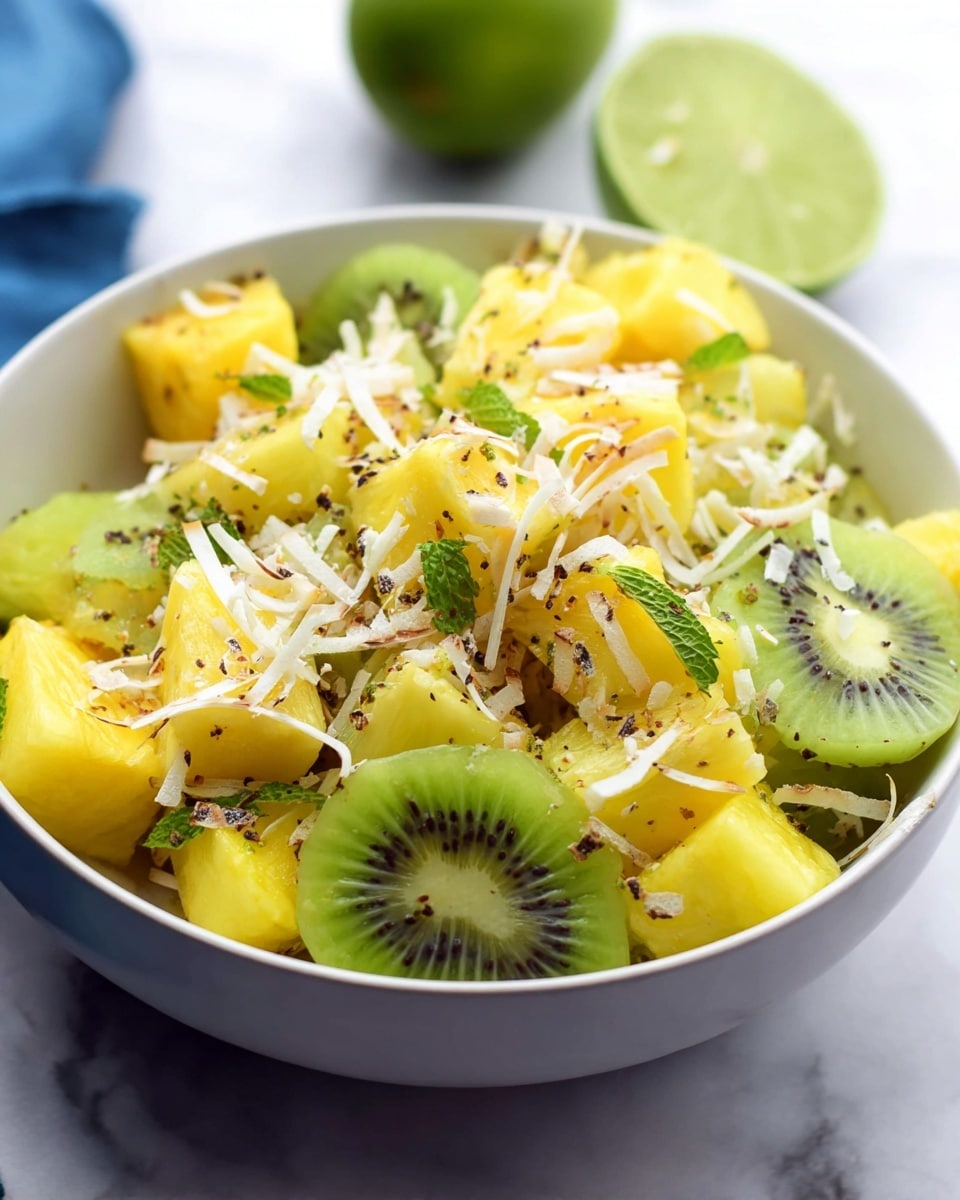 A close-up of a white bowl filled with a fresh fruit salad on a white marbled surface, featuring three main layers: the bottom layer is bright yellow pineapple chunks cut into cubes with a firm texture; mixed within are thin, translucent green kiwi slices showing small black seeds and a soft gelatinous texture; the top layer is sprinkled with light brown toasted coconut shreds and small fresh green mint leaves scattered evenly over the fruits, adding texture and color contrast. Photo taken with an iphone --ar 4:5 --v 7