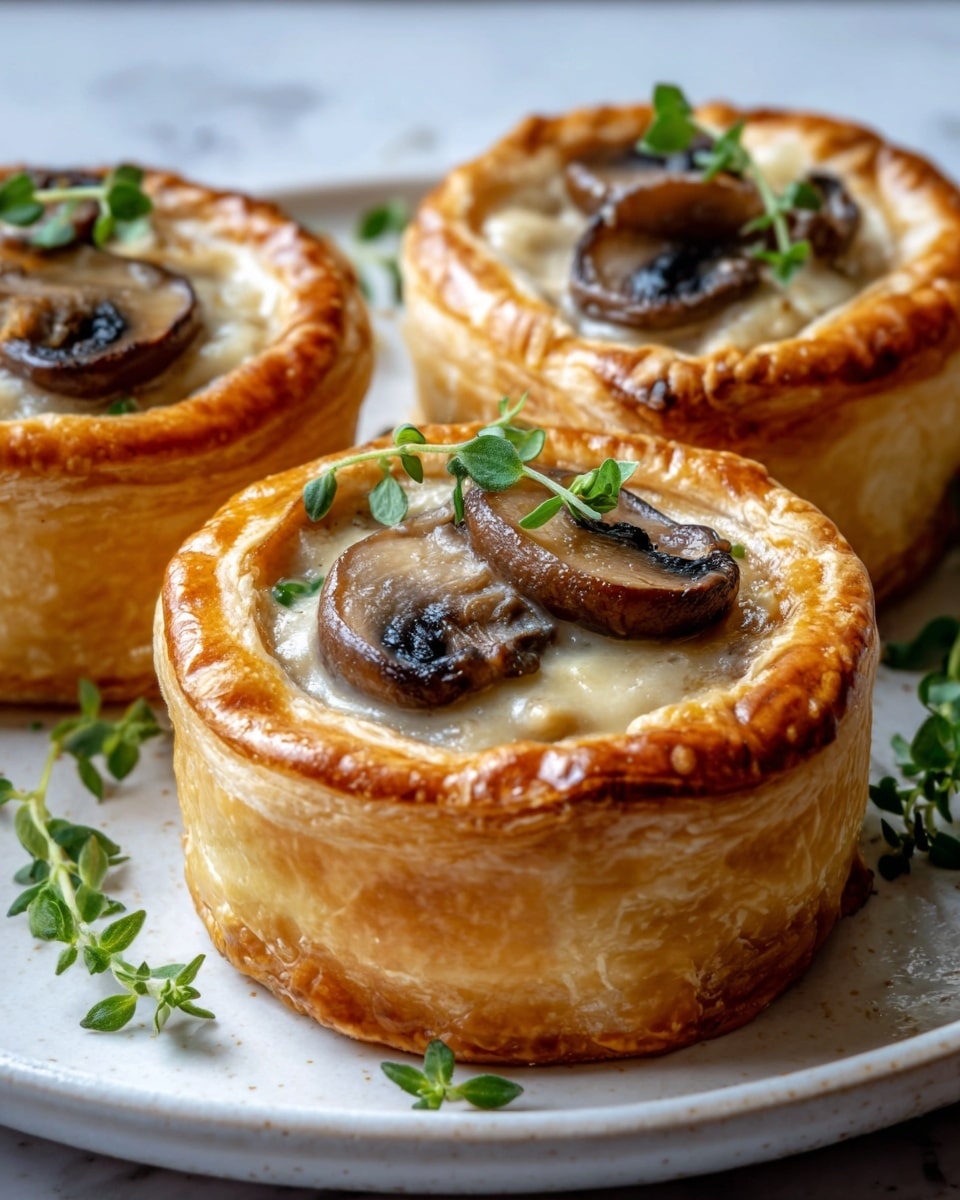 The image shows three round puff pastry cups filled with creamy mushroom sauce, placed on a white plate. Each cup has multiple flaky, golden-brown layers forming the crust, with a smooth light beige cream filling inside. On top of the filling, there are small mushroom slices and a few sprigs of fresh green herbs, adding a pop of color. The plate rests on a white marbled surface. The lighting highlights the crispy texture of the pastry and the glossy sauce inside. Photo taken with an iphone --ar 4:5 --v 7