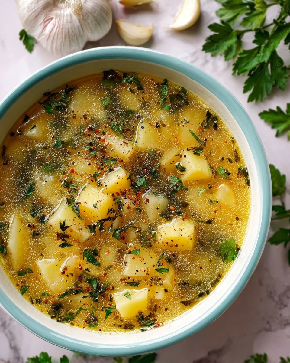 The image shows a close-up of a white bowl filled with a clear broth soup containing small cube-shaped pieces of pale yellow potatoes. The soup is garnished with finely chopped green herbs scattered on top and a slight sprinkle of black pepper. The broth has a light golden color with a slightly oily surface. Around the bowl, on a white marbled surface, there are whole garlic bulbs, garlic cloves, and green herb leaves adding natural accents. Photo taken with an iphone --ar 4:5 --v 7