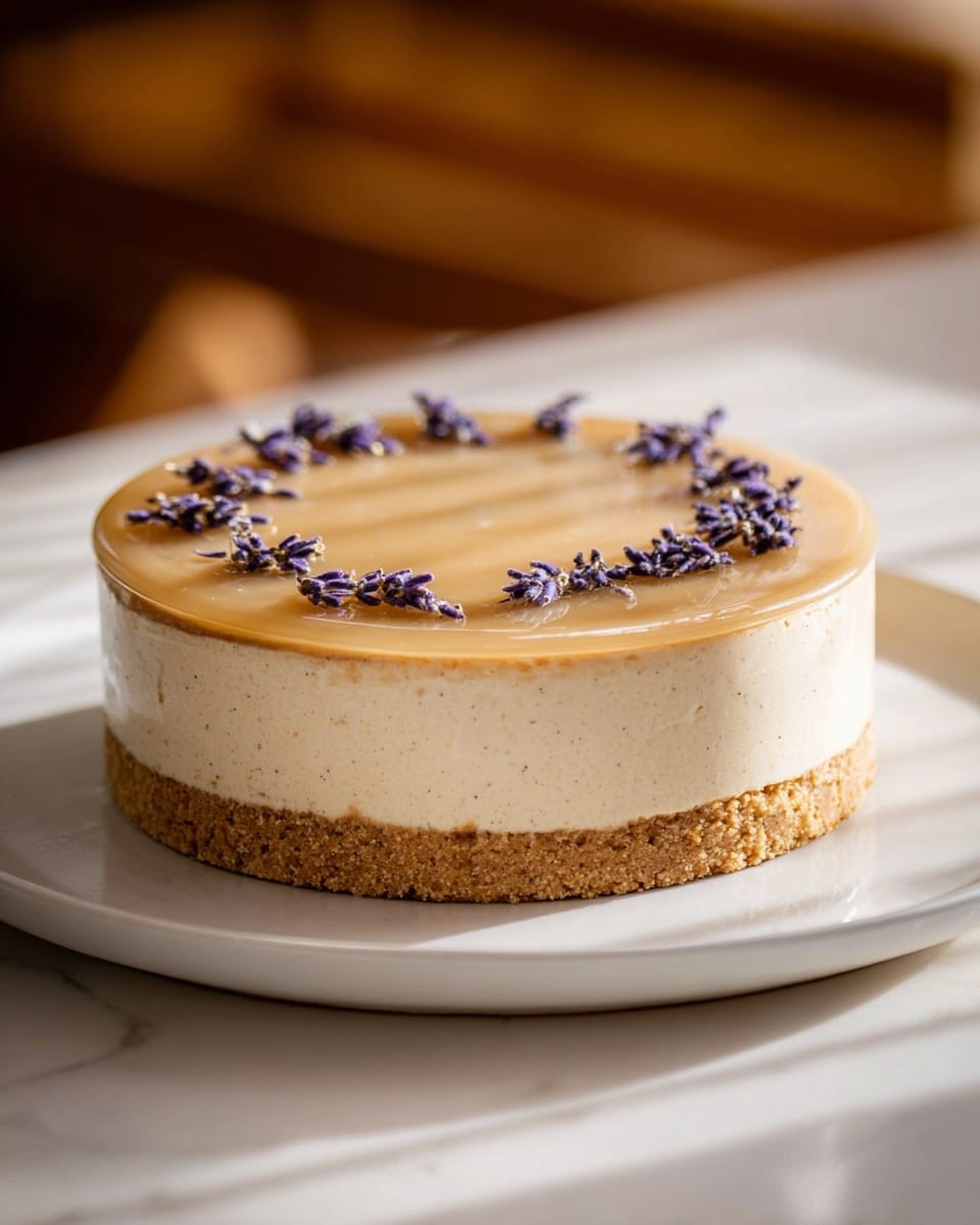 A three-layer round cake sits on a white plate with a marbled texture background. The bottom layer is a thick, crumbly brown crust. The middle layer is a smooth, creamy off-white filling that looks soft and light. The top layer is a thin, shiny honey-colored glaze with small purple flower buds arranged in a circle near the edge. The cake has smooth sides and a clean finish. Photo taken with an iphone --ar 4:5 --v 7