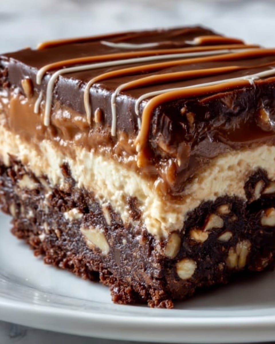 The image shows a close-up of a rich, multi-layered dessert slice on a white plate, placed on a white marbled surface. The bottom layer is a dense, dark brown chocolate brownie with a slightly crumbly texture. Above it, there is a thick creamy layer in light beige with small bits mixed inside. On top of this cream layer is a glossy dark chocolate layer that looks smooth and shiny. The top has a drizzle of milk chocolate strips evenly spaced, adding a soft texture and a lighter brown color contrast. Photo taken with an iphone --ar 4:5 --v 7