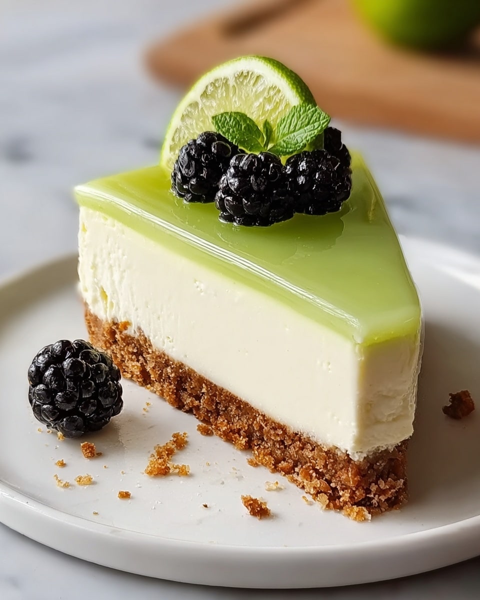 A slice of cake with three clear layers sits on a white plate over a white marbled surface. The bottom layer is crumbly and light brown like a cookie crust. The middle layer is thick, creamy, and off-white with a smooth texture. The top layer is shiny and light green, almost like jelly or gelatin. On top of the slice, there are fresh blackberries, a slice of lime showing its bright green inside, and a small green leaf. There are also a few blackberries scattered beside the slice on the plate. Photo taken with an iphone --ar 4:5 --v 7