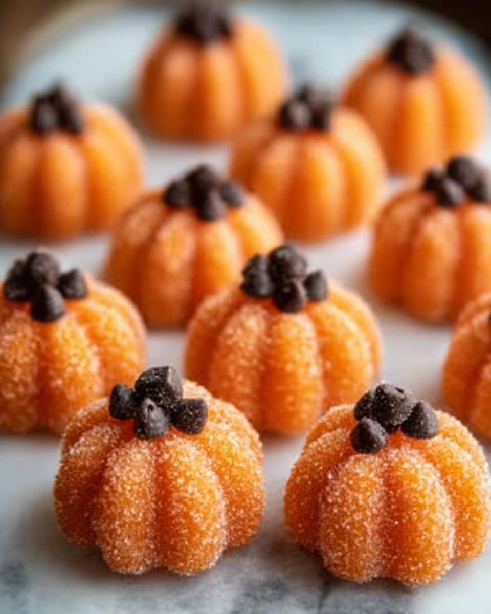 The image shows small pumpkin-shaped treats arranged closely on a white marbled surface. Each treat has a bright orange, sugar-coated body with ridges that give the shape of a pumpkin. On top of each pumpkin, there are several small, shiny dark brown chocolate chips clustered together to resemble a pumpkin stem. The texture of the orange sugar coating is rough and sparkly, while the chocolate chips are smooth and glossy. The treats sit on an uncolored surface that makes the bright orange and dark brown colors stand out vividly. Photo taken with an iphone --ar 4:5 --v 7