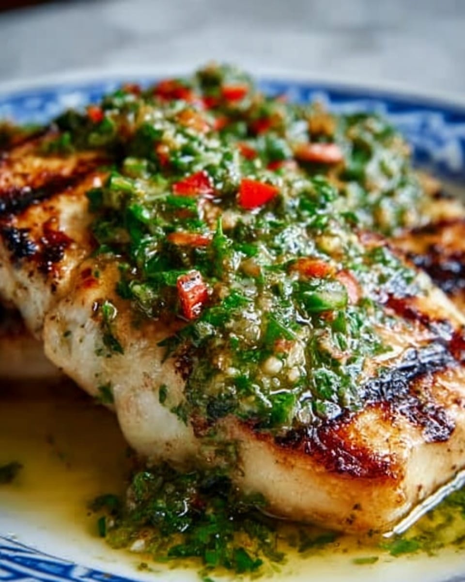 The image shows two grilled fish filets with clear grill marks and a slightly crispy texture on a white plate. Each filet is topped with a bright green sauce made of finely chopped herbs, with small pieces of red chili scattered on top. The fish looks juicy and tender inside with a light golden color on the edges. The background surface is a white marbled texture, adding a clean and fresh feel to the presentation. Photo taken with an iphone --ar 4:5 --v 7