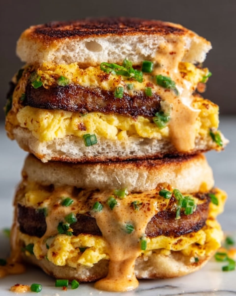 A close-up view of a thick sandwich cut in half and stacked, showing three thick layers of golden-brown toasted bread with a slightly crispy texture. Between the layers, there is a fluffy yellow scrambled egg layer and a crispy sausage patty with deep brown edges. A light orange creamy sauce with small green herbs is dripping between the layers, and small chopped green onions are sprinkled on top of the sauce and egg. The sandwich is resting on a white marbled surface. Photo taken with an iphone --ar 4:5 --v 7