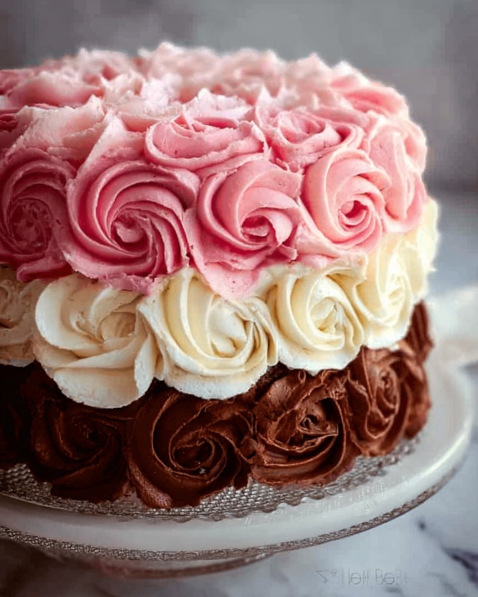 The image shows a close-up of a three-layer cake with each layer decorated with thick, swirled frosting that looks like roses. The bottom layer is dark brown, the middle layer is pink, and the top layer is creamy white. Each frosting rose is tightly placed side by side, covering the entire layer. The cake sits on a clear glass stand on a white marbled surface. A woman's hand lightly touches the top right edge of the cake. Photo taken with an iphone --ar 4:5 --v 7