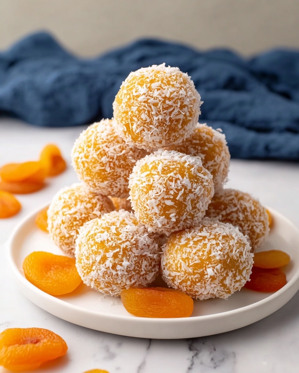 A white plate sits on a white marbled surface, holding a pyramid stack of eight round orange balls covered evenly with a coating of white shredded coconut, giving them a rough textured look. Around the base plate, bright orange apricot pieces are scattered, adding a pop of color. In the background, there is a blue cloth partially visible, creating a soft contrast with the light setting. The scene is clean and simple, focusing on the vibrant orange and white colors of the coconut balls and apricots. photo taken with an iphone --ar 4:5 --v 7