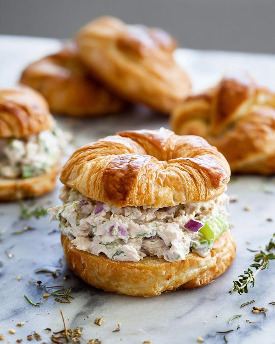 The image shows a croissant sandwich filled with a creamy chicken salad. The sandwich has two layers: the top layer is a golden-brown, flaky croissant with a slightly shiny crust, and the bottom layer is another half of the same croissant. Between them is a thick filling of white chicken salad mixed with small pieces of green celery and purple red onion, creating a textured and chunky look. The sandwich sits on a white marbled surface, with a few more plain croissants in the blurry background, and some scattered dried herbs around the sandwich. photo taken with an iphone --ar 4:5 --v 7