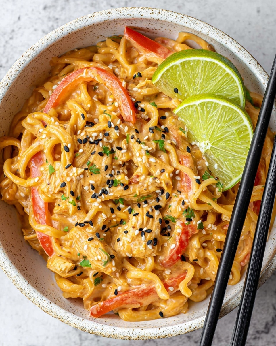 A white bowl filled with creamy noodles coated in a light orange sauce is the main focus of the image. The noodles are mixed with thin slices of red bell pepper and pieces of chicken, all covered evenly by the sauce. On top, there are scattered black and white sesame seeds adding texture and contrast. Two bright green lime wedges rest on the noodles near the center, and a pair of black chopsticks lay across the right side of the bowl. The bowl sits on a white marbled surface. photo taken with an iphone --ar 4:5 --v 7
