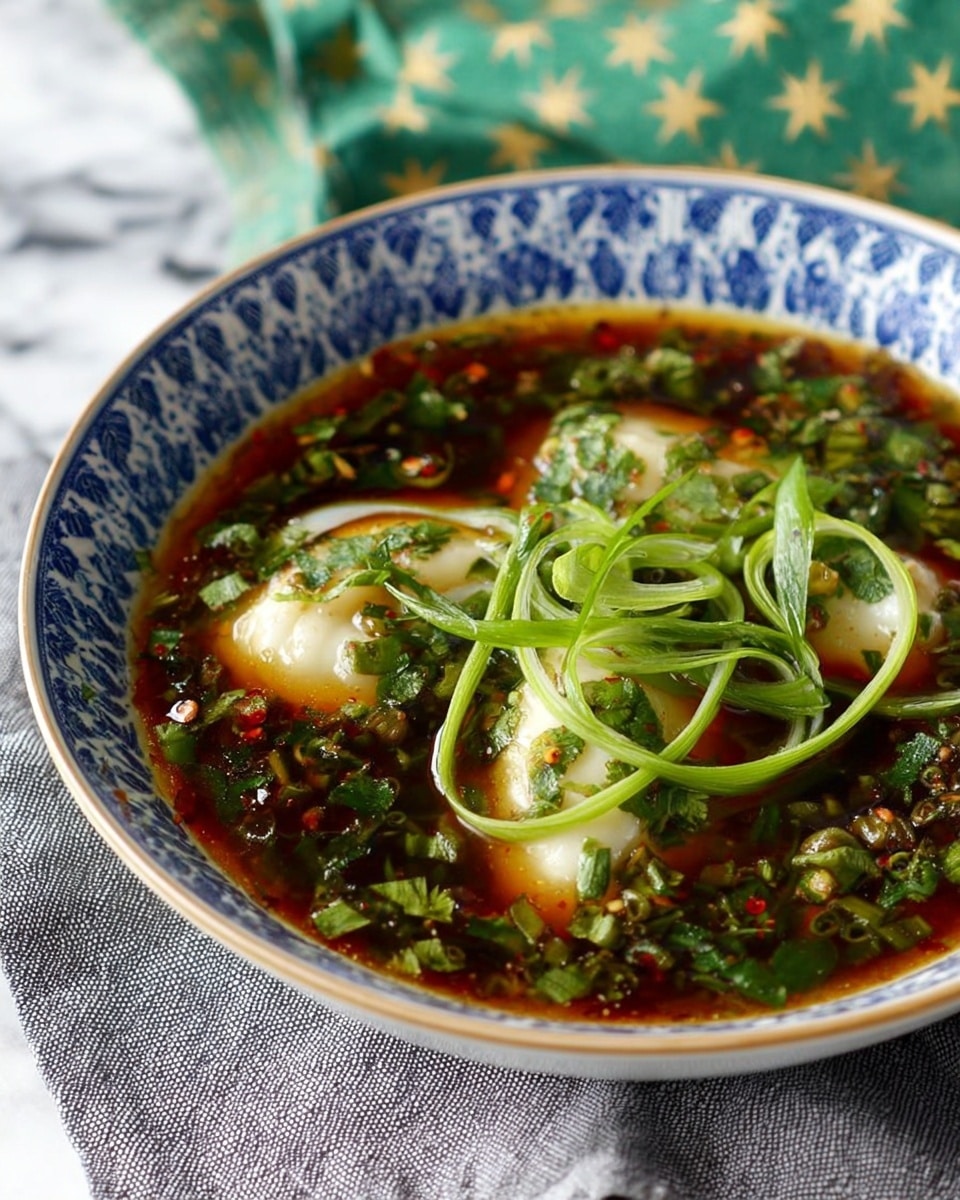 A close-up shot of a blue and white bowl filled with a dark brown broth that has a glossy texture and small bubbles of oil on its surface. Inside the broth are two pale, soft pieces of fish or tofu, lightly textured, covered partially with chopped green herbs mixed in the liquid. On top of the bowl's contents are long, thin, curled green scallion strips, adding a fresh, bright green contrast. The bowl sits on a blue cloth napkin and a white marbled surface, with a green cloth with yellow stars slightly blurred in the background. Photo taken with an iphone --ar 4:5 --v 7