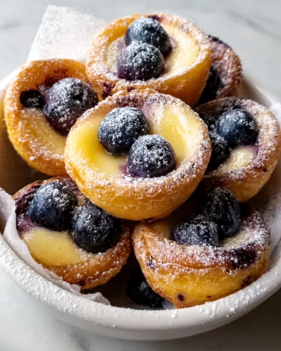 A small pile of round mini blueberry cheesecakes with a smooth yellow top layer and whole blueberries baked into the center, lightly dusted with powdered sugar. The cheesecakes show a soft and creamy texture with purple-blue and yellow colors blending around the edges. They sit on white parchment paper inside a white container, resting on a white marbled surface. photo taken with an iphone --ar 4:5 --v 7