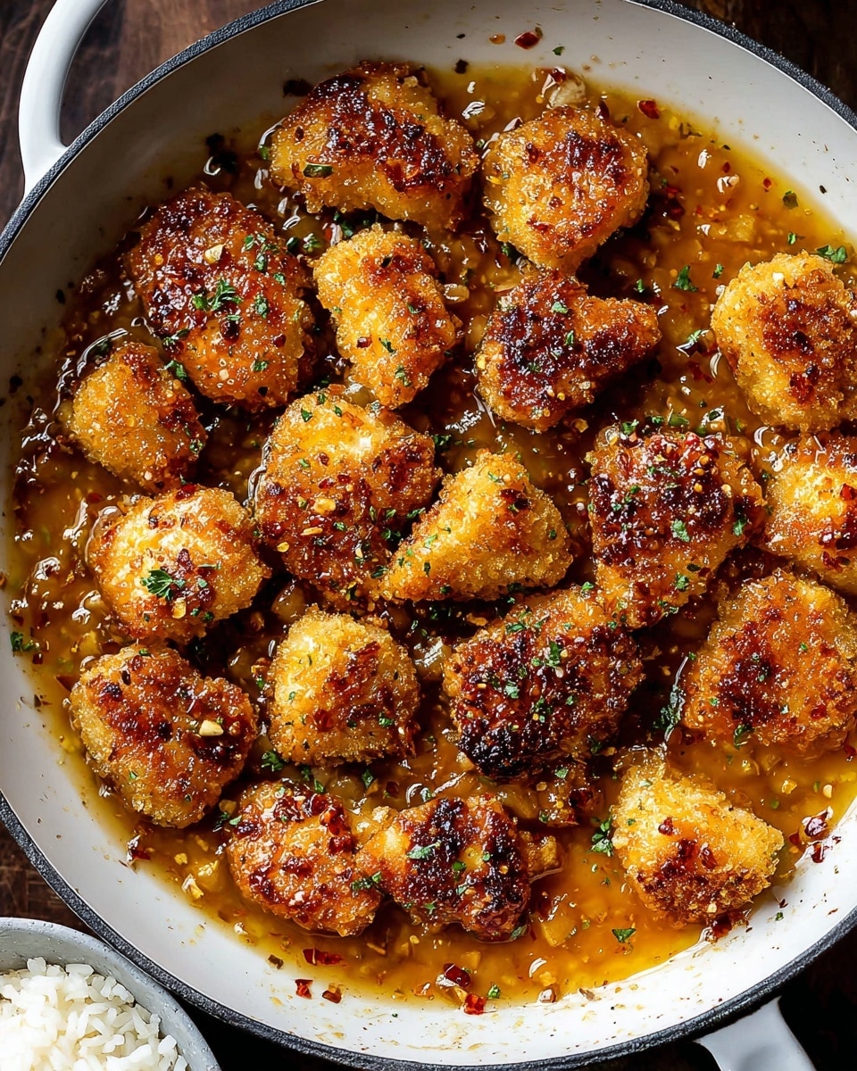 A white pan filled with about twenty pieces of golden brown fried chicken nuggets, each piece crisp and textured with a crunchy outside. The nuggets are covered in a thick, glossy orange sauce with visible chunks of fruit, likely apricot, mixed throughout. Small flecks of green herbs and dark spices are sprinkled on top of the nuggets and sauce, adding contrast. The pan rests on a white marbled surface, enhancing the warm colors of the dish. Photo taken with an iphone --ar 4:5 --v 7